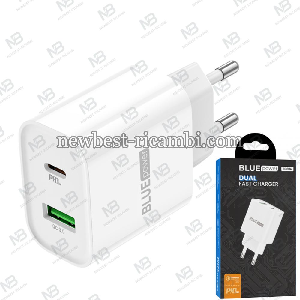 Wall Charger BLUE Power 20W 1x USB / 1x Type-C PD QC3 White BC80A In Blister