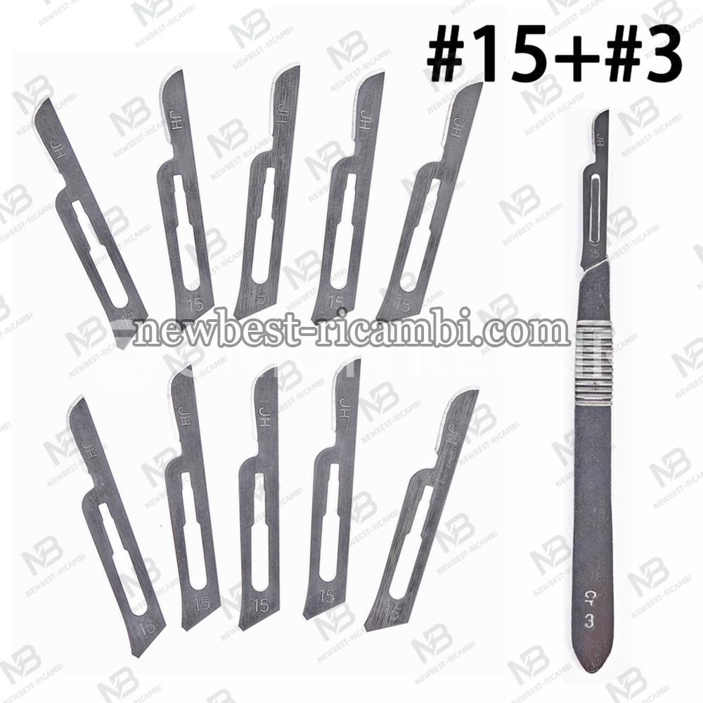 Super-Hard Stainless Steel Surgical Blades (Handle with 10pcs Blades ) - #3 handle w/ #15 blades