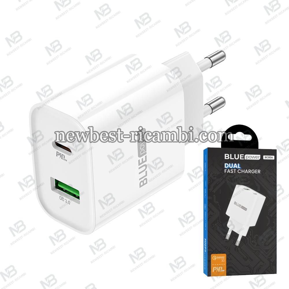 Wall Charger Blue Power BC80A 20W 3A 1 X USB-A - 1 X USB-C White In Blister