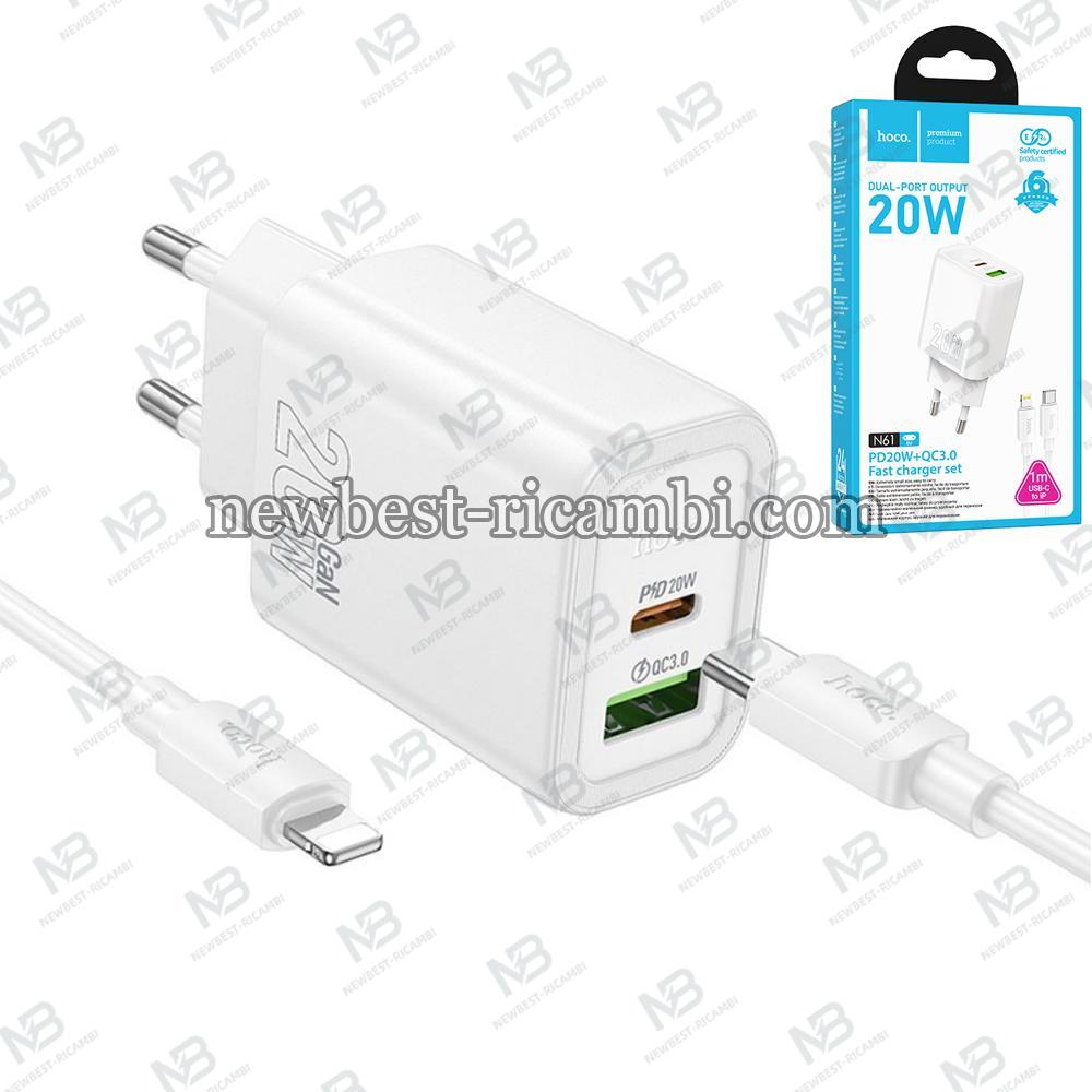 Wall Charger Hoco N61 20W 3A 1 x USB-A - 1 x USB-C with Lightning Cable White in Blister