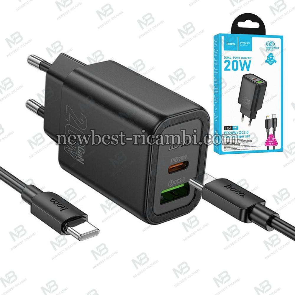 Wall Charger Hoco N61 20W 3A 1 x USB-A - 1 x USB-C with USB-C Cable Black in Blister