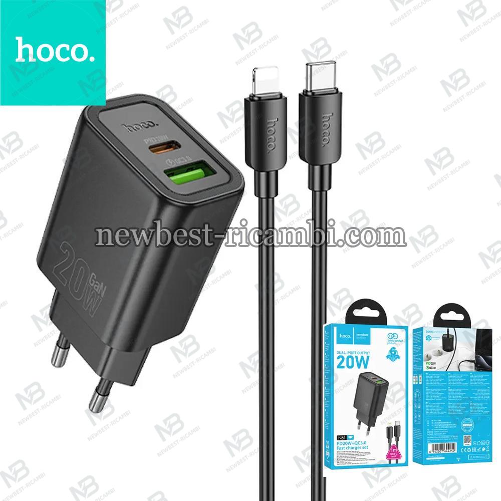 Wall Charger Hoco N61 USB A + USB C QC3.0 PD 3A 20W + Cable USB C To Lightning Black In Blister