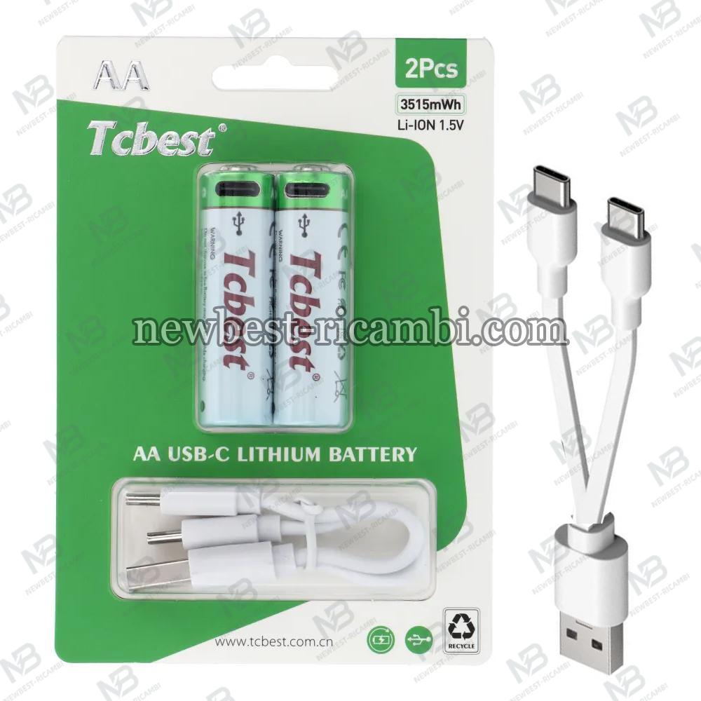 TCBEST Rechargable Battery R6 (AA) 3515 mAh With Socket Type C + Cable USB A To 2 x Type C 2 Pcs In Blister
