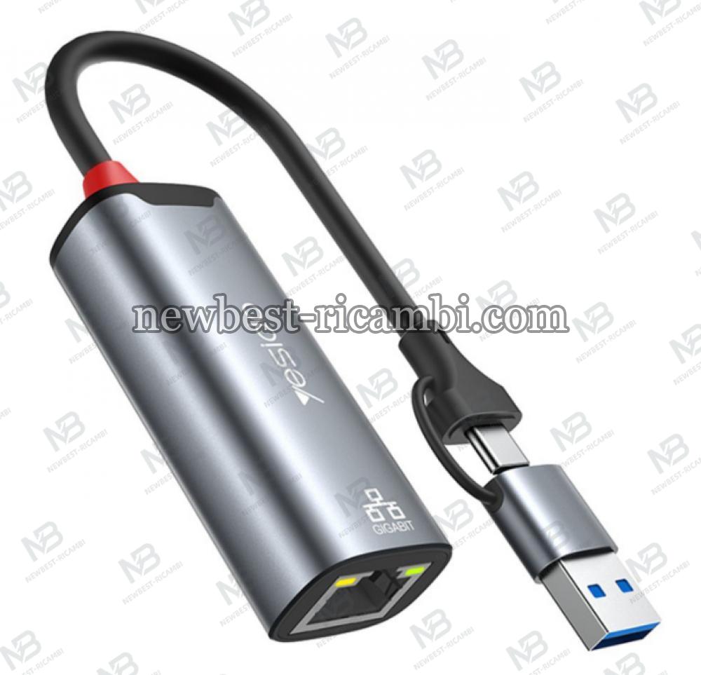 Ethernet Adapter Yesido HB26 RJ45 USB / USB-C Grey in Blister
