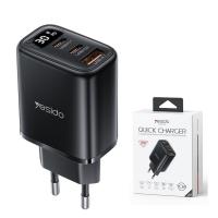 ​Wall Charger Yesido YC69 Display 30W 3A 1 x USB-A - 2 x USB-C Black in Blister