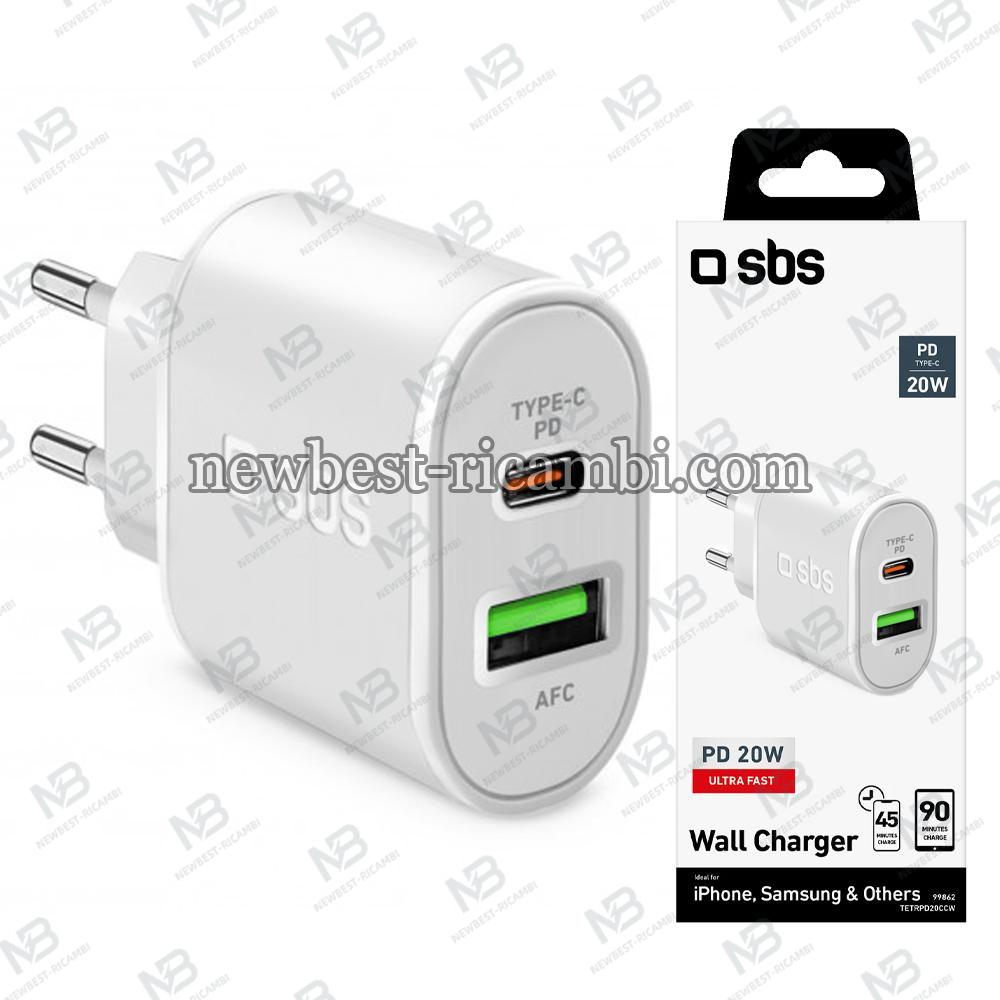 SBS Wall Charger White 1xUSB-C 20W 1xUSB-A + 1xUSB-C PD 20W In Blister