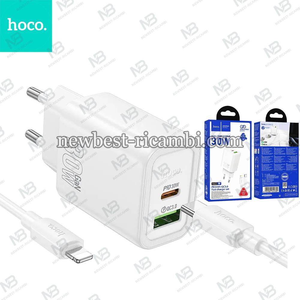 Phone charger Hoco USB A + USB C QC3.0 PD 3A 30W + cable USB C to Lightning N63 white In Blister