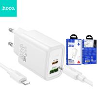 Phone charger Hoco USB A + USB C QC3.0 PD 3A 30W + cable USB C to Lightning N63 white In Blister