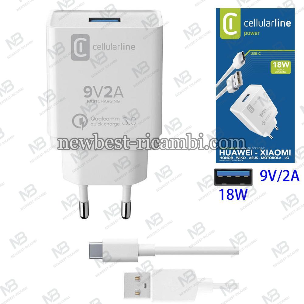 Cellularline Usb Fastcharge Huawei Xiaomi Honor Asus Motorola LG 9V/2A 18W + Type-C Cable In Blister