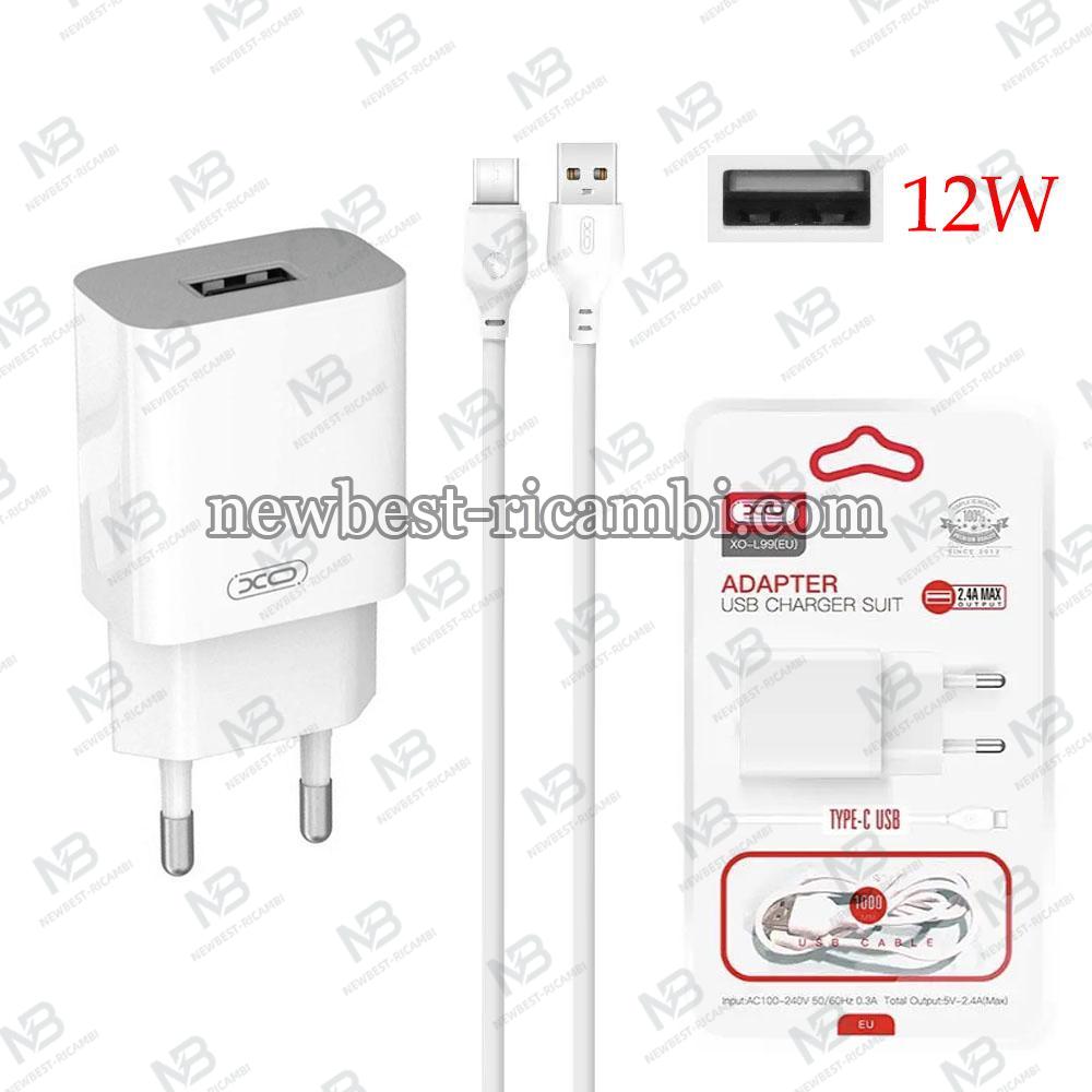 XO 220V 12W USB-A Cable A - Type C White - L99 In Blister